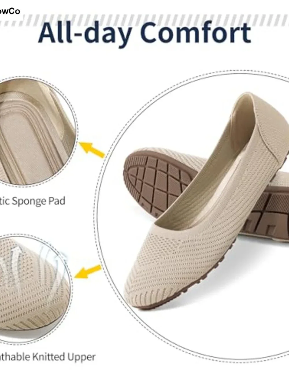 Women's Knit Ballet Flats - Memory Foam, Slip Resistant, Breathable for Walking